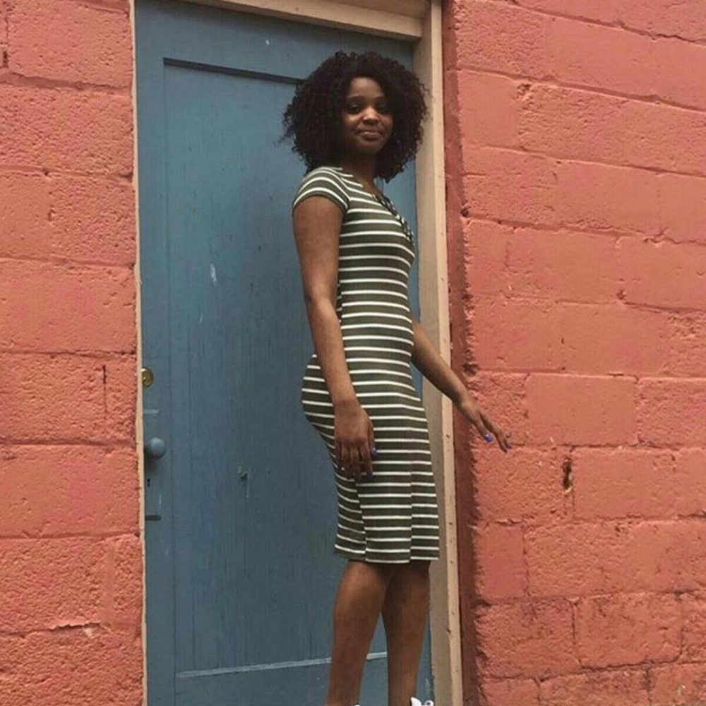 Green & White Striped Lace Up Dress